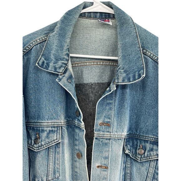 TYCA USA Eagle Jean Jacket Size XL Distressed Blue Denim Embossed Logo Trucker - Picture 11 of 15